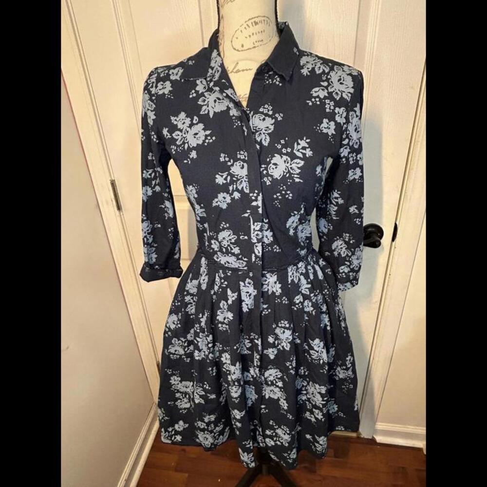 Gap Navy Blue Button Down Collard Floral 100% cotton‎ Dress Women's Size XS